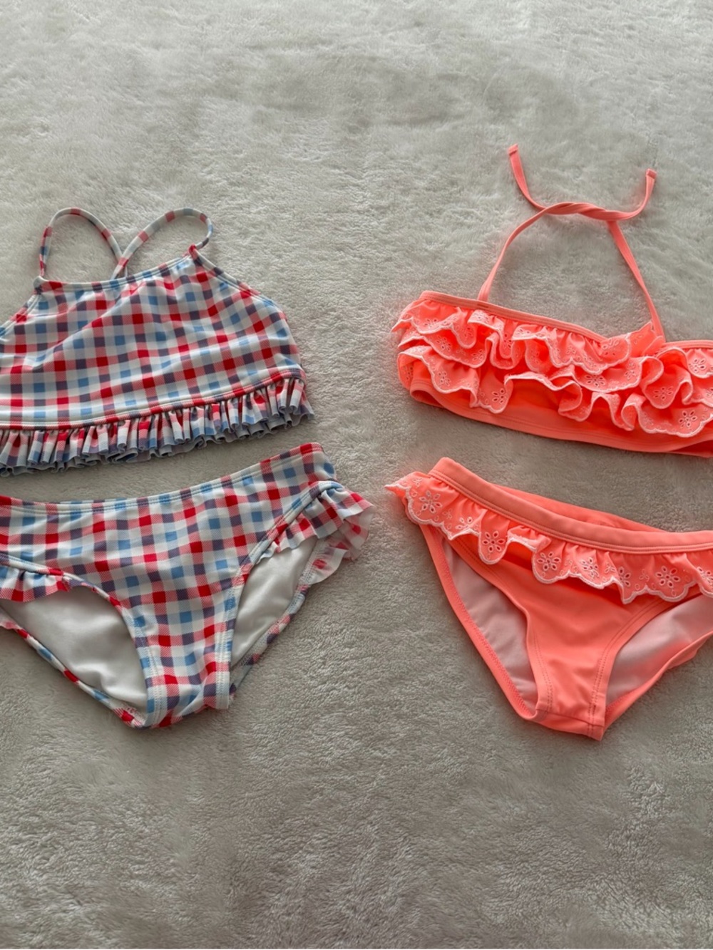 Girls Ruffle Bikini Swim Sets - Coral & Red/Blue Plaid size 7/8